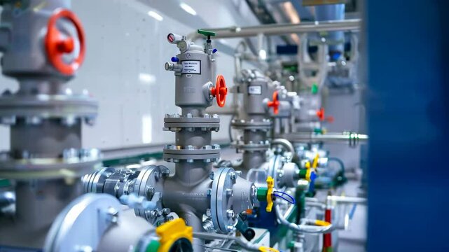 A detailed interior shot of a modern pipeline system, showcasing metallic valves and connectors in a clean, organized facility with vibrant valve handles, highlighting industrial precision.