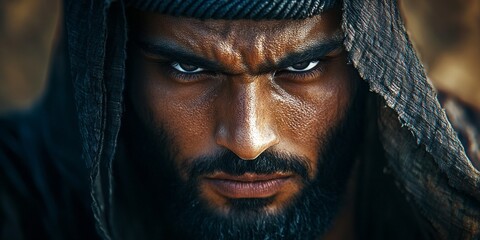 A fierce portrait of a warrior with intense eyes conveys strength and determination. The image showcases dramatic lighting and a powerful expression. Perfect for storytelling and art. AI
