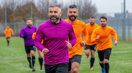 Fototapeta premium A group of men in orange shirts running on a field, AI