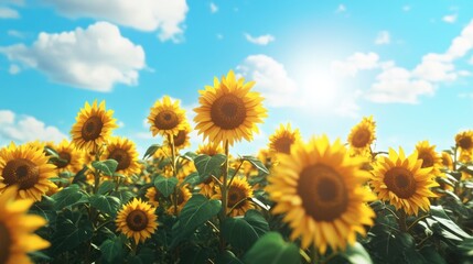 A vibrant field of sunflowers reaching towards the sun beneath a radiant cerulean sky, creating a cheerful and bright scene.