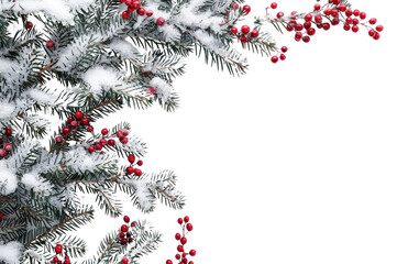 Christmas border with snow-covered fir branches and red berries on a white background christmas festival conifer.