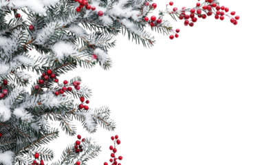 Christmas border with snow-covered fir branches and red berries on a white background christmas festival conifer.
