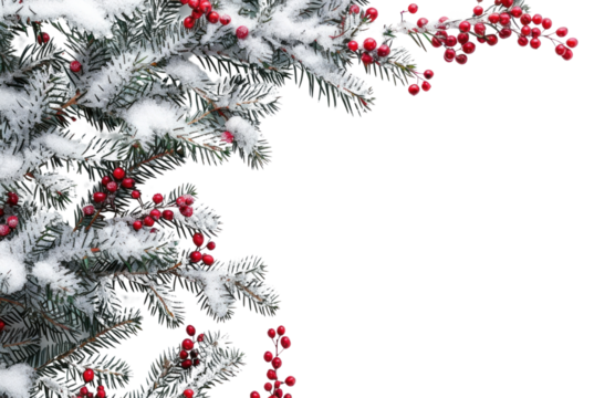 Christmas border with snow-covered fir branches and red berries on a white background christmas festival conifer.