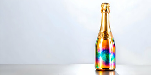 Holographic Champagne Bottle Foil - Futuristic Design Against White Background, Captivating Details, Perfect for Stock Photography