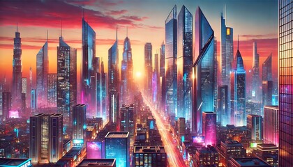  A futuristic cityscape at dawn, with a skyline of sleek, towering skyscrapers made of glass and metal
