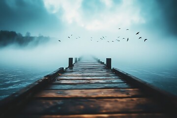 Obraz premium Wooden dock leading to a foggy horizon with birds flying above, misty lake in background. Concept of journey, travel, destination, mystery, and unknown