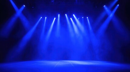 Bright blue stage lights beaming down on an empty surface creating dramatic contrast and vibrant illumination perfect for performances