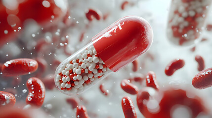 3D Nano Capsule Drug Delivery Concept: Extreme Close-Up of HIV Medication Journey through Simulated Bloodstream on Isolated White Background