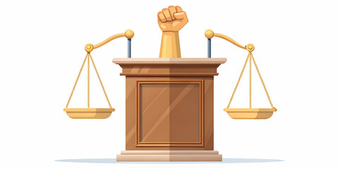 Flat Podium Illustration: Raised Fist & Justice Scales for Human Rights Day - Activism, Fairness, & Message Space