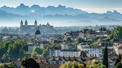 Bird's-eye view of Pau, France with a focus on the Pyrenees mountains in the background. 