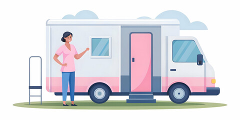Flat Mammogram Mobile Unit: Woman's Journey into Mobile Screening for Rural Healthcare Accessibility - Candid Illustration of Determination and Nervousness