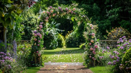 Obraz premium Floral archway decorated for a wedding ceremony in a garden