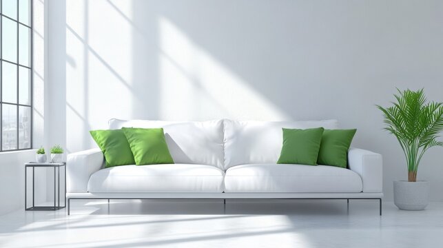 Minimalistic interior featuring a white sofa with vibrant green pillows and sleek modern decor in a cozy sunlit living space
