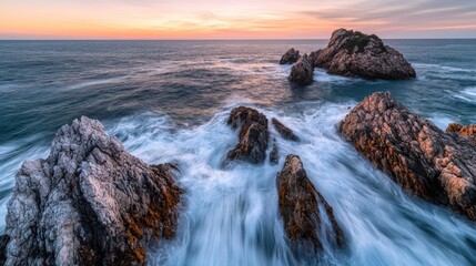 Obraz premium Sea waves crashing against rocks at sunset.