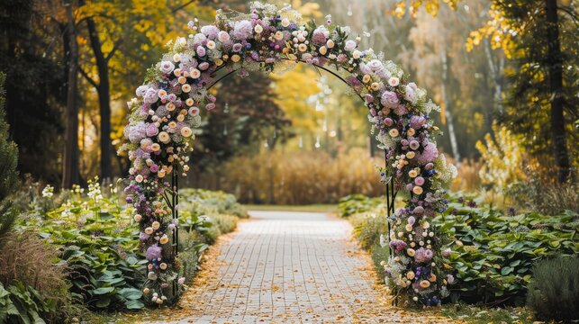 Floral archway decorated for a wedding ceremony in a garden