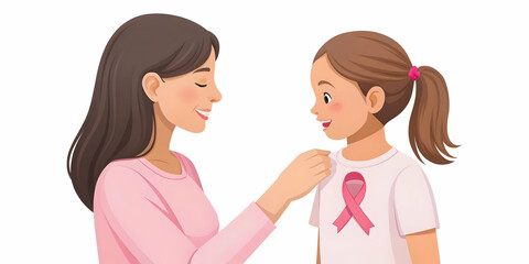 Heartwarming Flat Pink Ribbon Pinning Concept: Daughter Pins Ribbon on Survivor Mother with Candid Emotions in Simple Vector Illustration