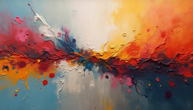 Pintura abstrata vibrante e din&acirc;mica. composi&ccedil;&atilde;o &eacute; rica em detalhes, com camadas de tinta que criam profundidade e movimento. Para temas de arte contempor&acirc;nea, express&atilde;o criativa e design moderno.