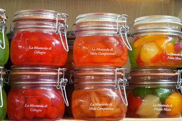 close up of jars of fruit mustard handcrafted by a bakery in Mantua, Italy