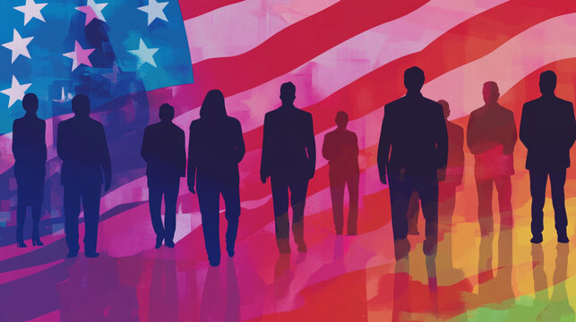 A patriotic political banner with an america flad in background and silhouettes of various people in business suits politicians standing in front presentation graphic