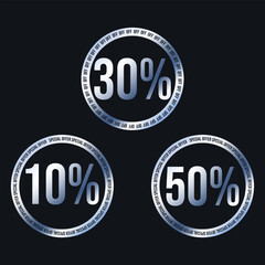 Stickers with text discounts 30%, 10%, 50%. Set of stickers with holographic effect