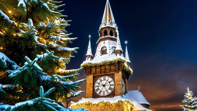A winter night scene featuring a clock tower adorned with festive lights, surrounded by snow covered trees, evoking a cozy holiday atmosphere