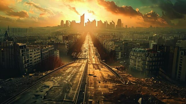 Desolate cityscape at twilight shows post-apocalyptic ruins and burning buildings