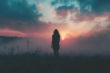Obraz premium Silhouette of woman standing in front of a colorful sunset. Hope, dreams, peace, and solitude concept photo