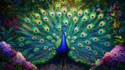 Obraz premium A vibrant peacock with its feathers fully fanned out, showcasing iridescent blues and greens in a lush garden setting.