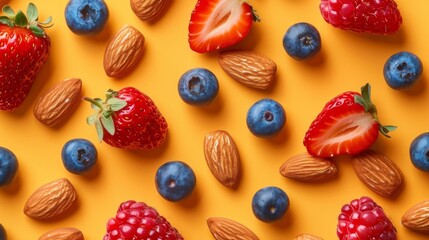 flat lay of mixed nuts and berries on orange background, vibrant pattern, contrast between strawberries, blueberries, and almonds, studio lighting, warm tones, minimalist aesthetic