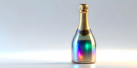 Fototapeta premium 3D Holographic Champagne Bottle Neck Concept - Close-Up with Glowing Label on White Background, Emphasizing Sleek Design and Mesmerizing Holographic Details