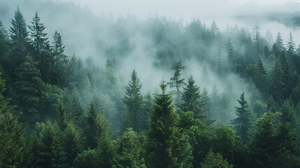 Foggy morning in a dense forest with tall trees