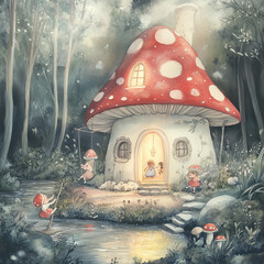 the watercolor of a cute red and white mushroom house by the stream. There is light coming out of the window. Outside the house, there are little people swinging happily.