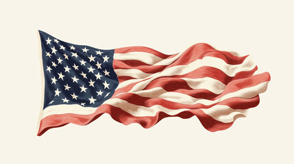 Illustration of a waving American flag with 50 stars and 13 stripes representing the United States flag on a light background.