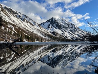 Frozen mirror lake in Kluane National Park (Destruction Bay, Yukon).