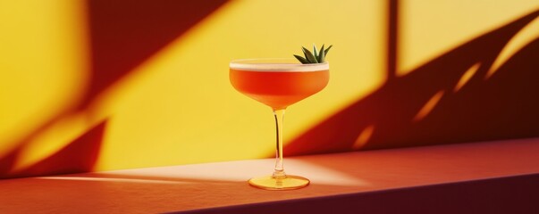 Elegant cocktail in a glass with a minimalist design on a colorful corner background