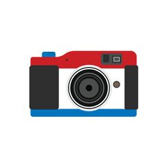 Vector illustration. Cute film retro photo camera. Modern digital device with lens in vintage style. Sticker with contour. Isolated on white background