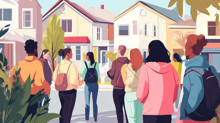 Neighbors helping each other out. A community meeting or acts of kindness, like sharing chores. A group of diverse people, seen from behind, standing in front of homes.