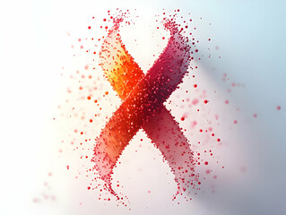 Flat Holographic Ribbon Cells: Close-Up of Immune Cells Forming a Red Ribbon - Vector Illustration for Healthcare and Biotechnology Visuals