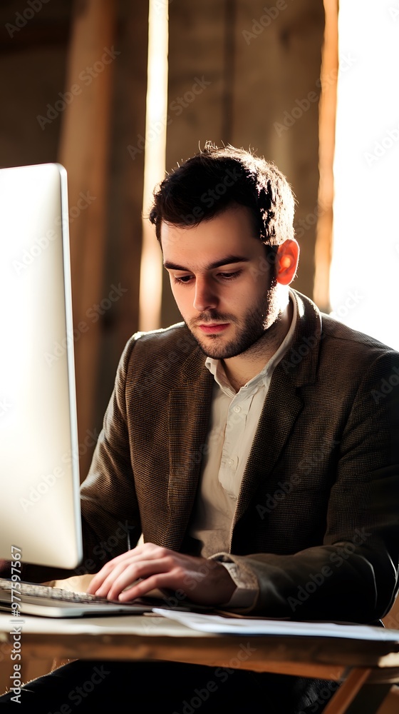 Canvas Prints Young man working on computer in a rustic office.