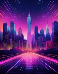 Neon city skyline at night