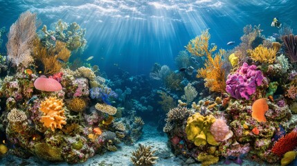 Obraz premium A vibrant undersea garden with an array of corals, sponges, and diverse marine life, showcasing the beauty of coral reefs.