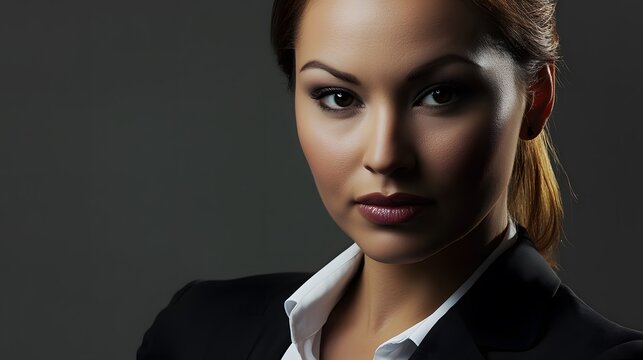 Close-up portrait of a young woman with dark hair and eyes, wearing a black blazer and a white shirt.