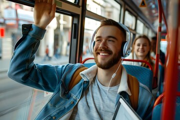 Cheerful commuter singing while using touchpad and listening music on headphones in a bus.