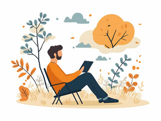 Tranquil Outdoor Reflection: Person Reviewing 2025 Calendar in Nature | Simple Flat Vector Illustration for Business Use