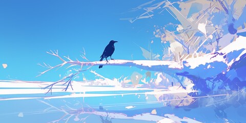 Solitary Crow on Frozen River: Captivating Anime-Style Illustration for Marketing Campaigns. Symbolic Cultural Artwork with Winter Appeal. Striking 4K Wallpaper for End-of-Season Promotions and Creati