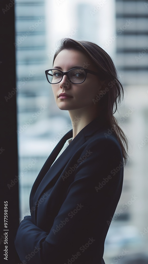 Canvas Prints Young woman in glasses looks out a window.