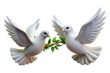 Two Floating Doves Holding Olive Branches Isolated on White Background Symbolizing Peace and Freedom for Human Rights Day - A Wide Shot Emphasizing Their Message