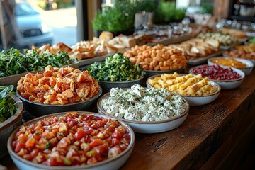 Obraz premium Brunch spread with a variet of dishes pastries. Village Breakfast with pastries, vegetables, greens, spreads, cheeses, fried eggs, jams. 