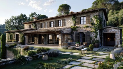 Fototapeta premium Rustic Stone Villa with Lush Greenery