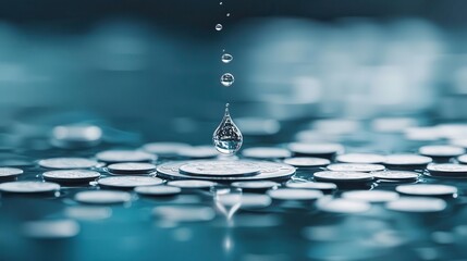 Coin shaped like a droplet of water falling into a pool of savings, liquidity, investment concept